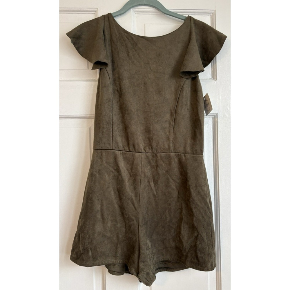 She + Sky Olive Green Faux Suede Flutter Sleeve Romper Open Back SL5249 Womens M